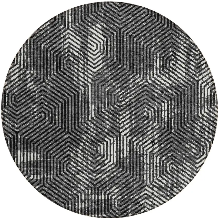 8' Black And Ivory Round Geometric Washable Indoor Outdoor Area Rug Photo 6