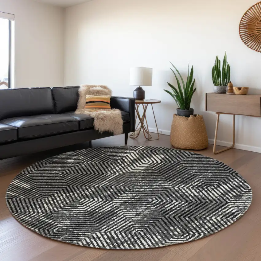 8' Black And Ivory Round Geometric Washable Indoor Outdoor Area Rug Photo 8