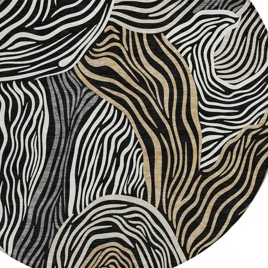 8' Black And Ivory Round Ikat Washable Indoor Outdoor Area Rug Photo 2