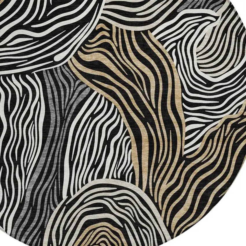 8' Black And Ivory Round Ikat Washable Indoor Outdoor Area Rug Photo 2