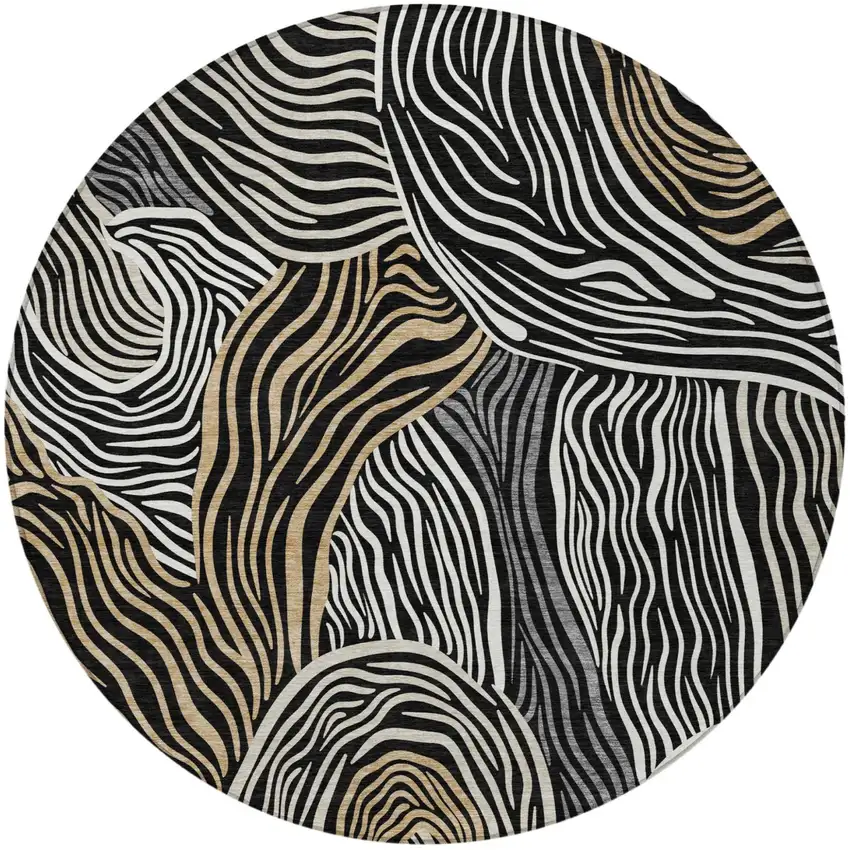 8' Black And Ivory Round Ikat Washable Indoor Outdoor Area Rug Photo 3