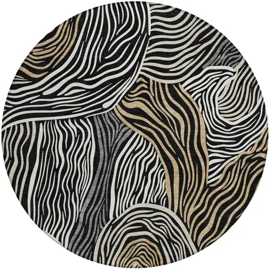 8' Black And Ivory Round Ikat Washable Indoor Outdoor Area Rug Photo 1