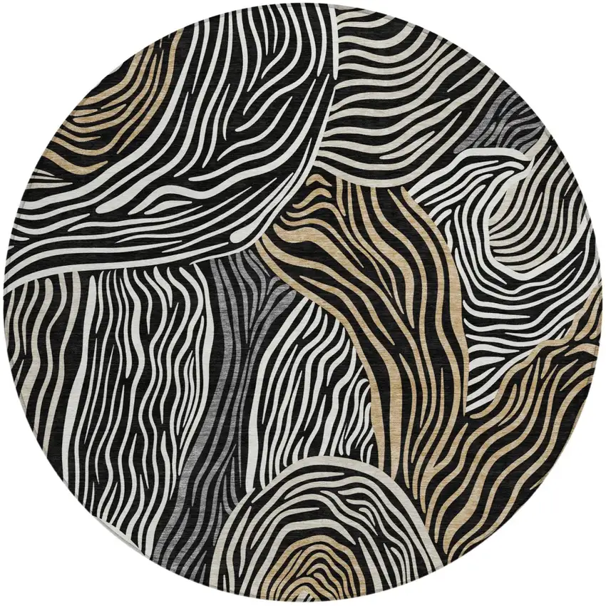 8' Black And Ivory Round Ikat Washable Indoor Outdoor Area Rug Photo 1
