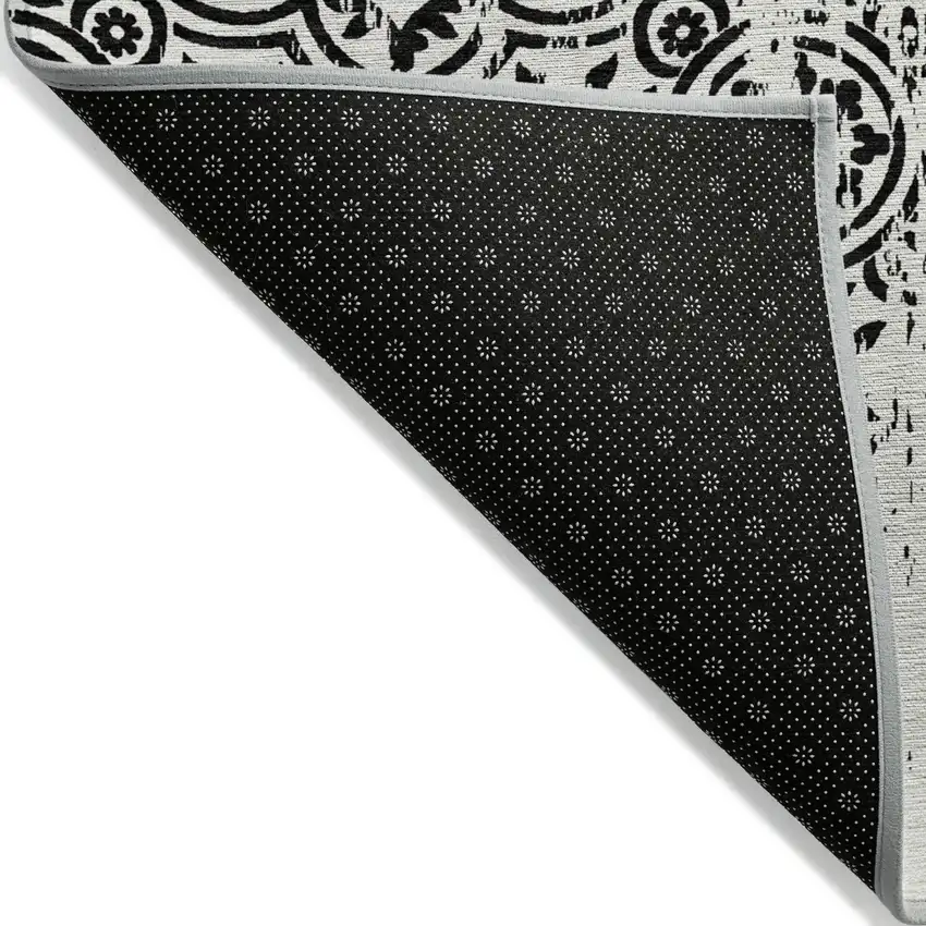 8' Black And Ivory Round Medallion Washable Indoor Outdoor Area Rug Photo 2
