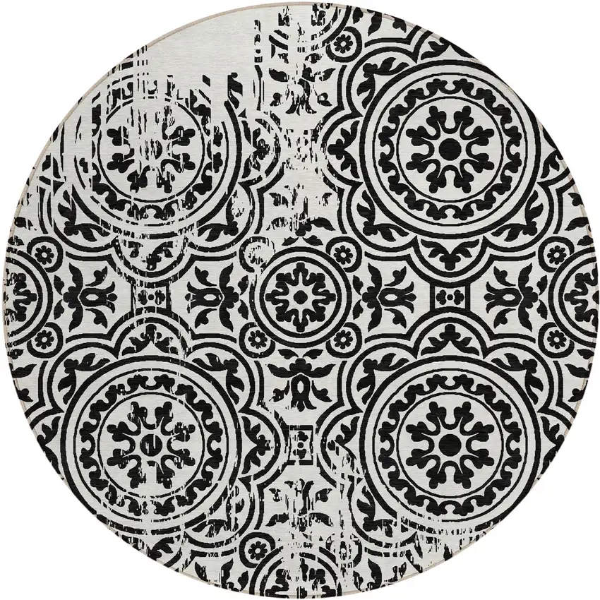 8' Black And Ivory Round Medallion Washable Indoor Outdoor Area Rug Photo 2
