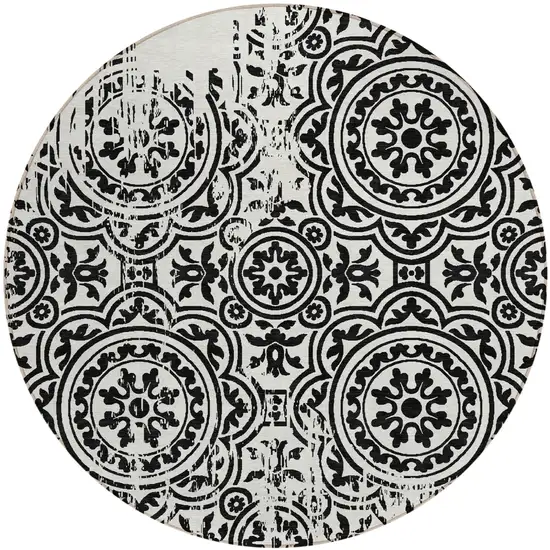 8' Black And Ivory Round Medallion Washable Indoor Outdoor Area Rug Photo 2