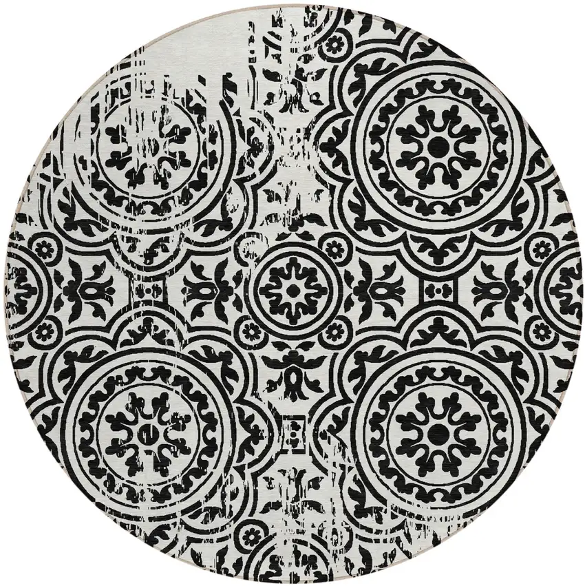 8' Black And Ivory Round Medallion Washable Indoor Outdoor Area Rug Photo 2