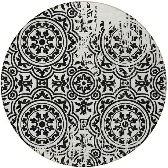 8' Black And Ivory Round Medallion Washable Indoor Outdoor Area Rug Photo 5