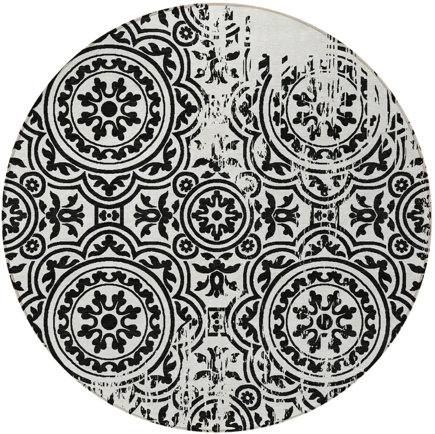 8' Black And Ivory Round Medallion Washable Indoor Outdoor Area Rug Photo 5