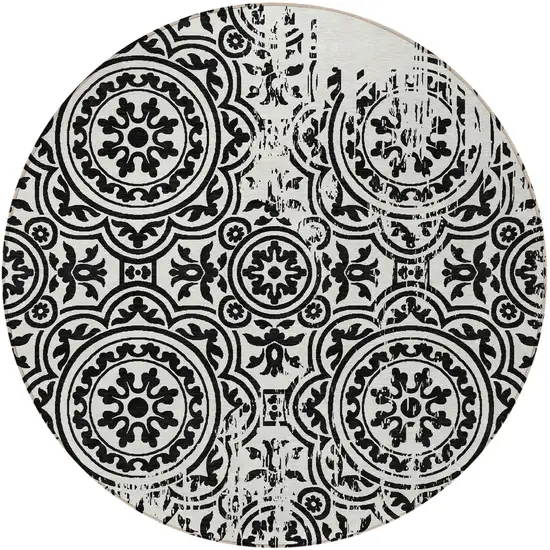 8' Black And Ivory Round Medallion Washable Indoor Outdoor Area Rug Photo 5