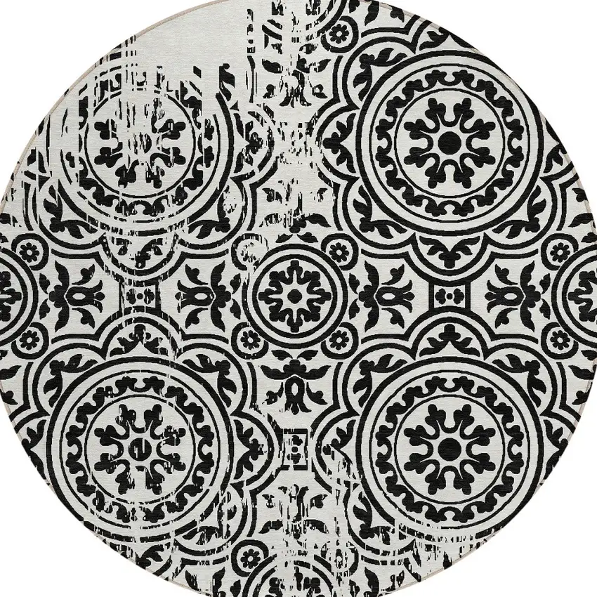 8' Black And Ivory Round Medallion Washable Indoor Outdoor Area Rug Photo 4