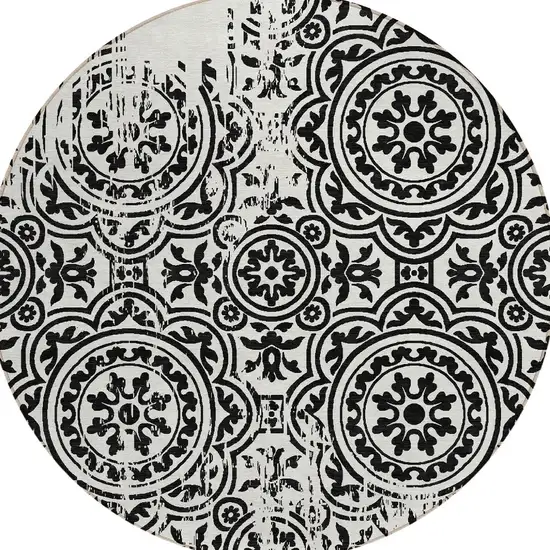 8' Black And Ivory Round Medallion Washable Indoor Outdoor Area Rug Photo 4