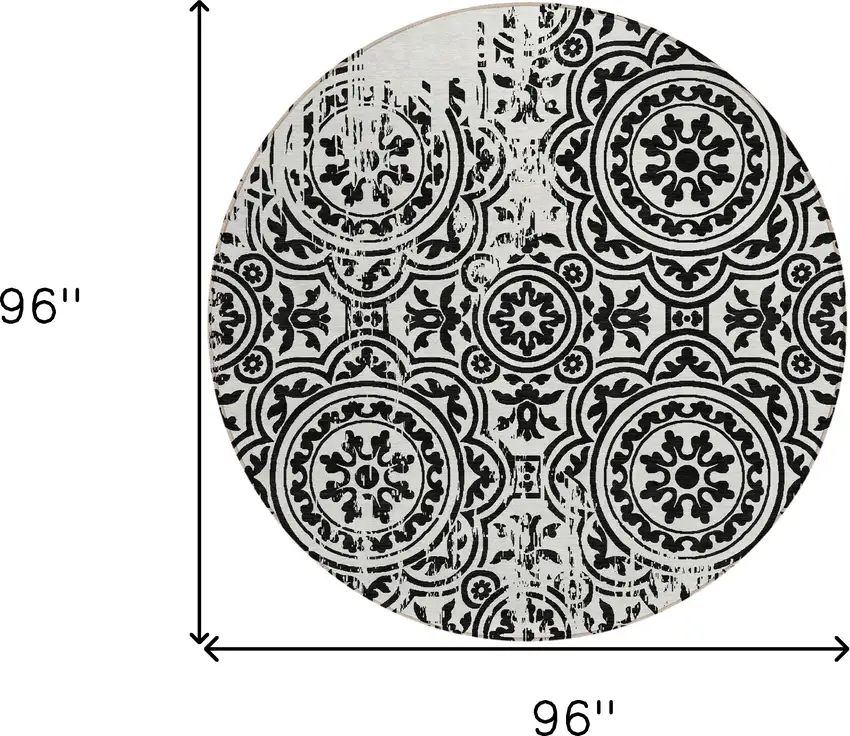 8' Black And Ivory Round Medallion Washable Indoor Outdoor Area Rug Photo 8