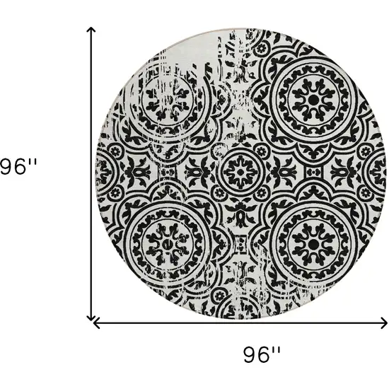 8' Black And Ivory Round Medallion Washable Indoor Outdoor Area Rug Photo 8