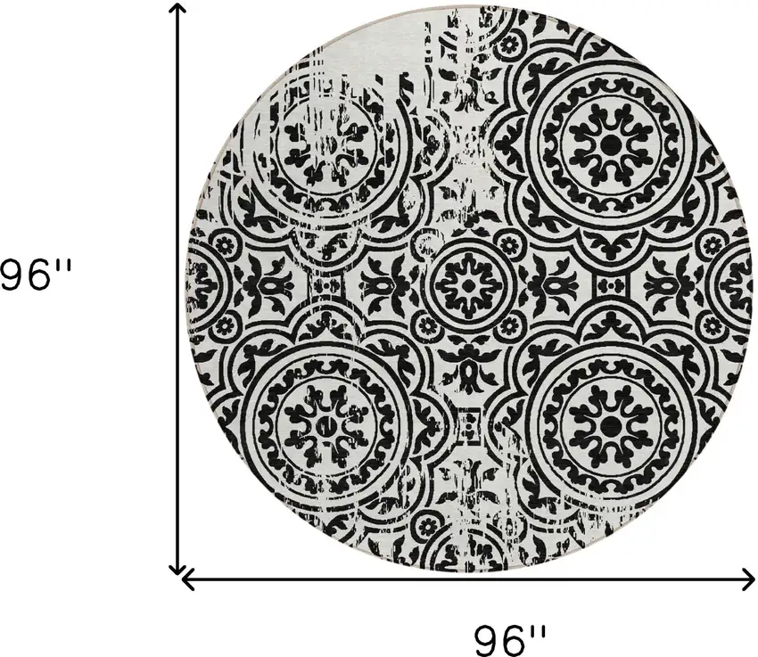 8' Black And Ivory Round Medallion Washable Indoor Outdoor Area Rug Photo 8