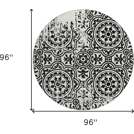 8' Black And Ivory Round Medallion Washable Indoor Outdoor Area Rug Photo 8