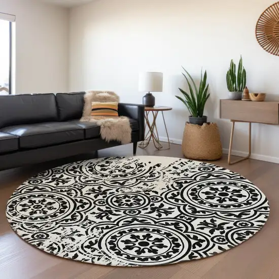 8' Black And Ivory Round Medallion Washable Indoor Outdoor Area Rug Photo 7