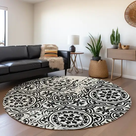 8' Black And Ivory Round Medallion Washable Indoor Outdoor Area Rug Photo 7