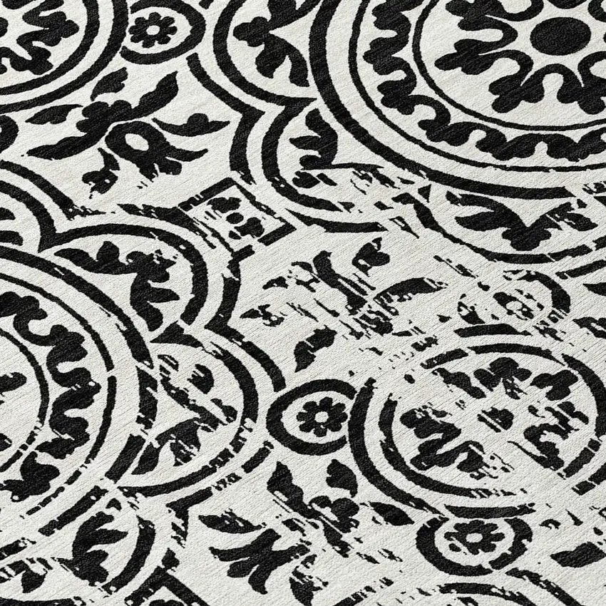 8' Black And Ivory Round Medallion Washable Indoor Outdoor Area Rug Photo 9