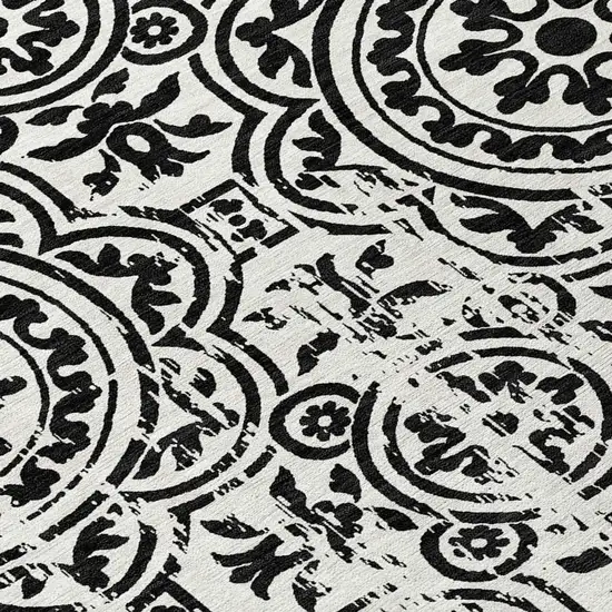 8' Black And Ivory Round Medallion Washable Indoor Outdoor Area Rug Photo 9