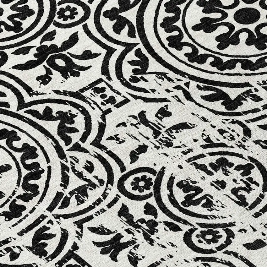 8' Black And Ivory Round Medallion Washable Indoor Outdoor Area Rug Photo 9