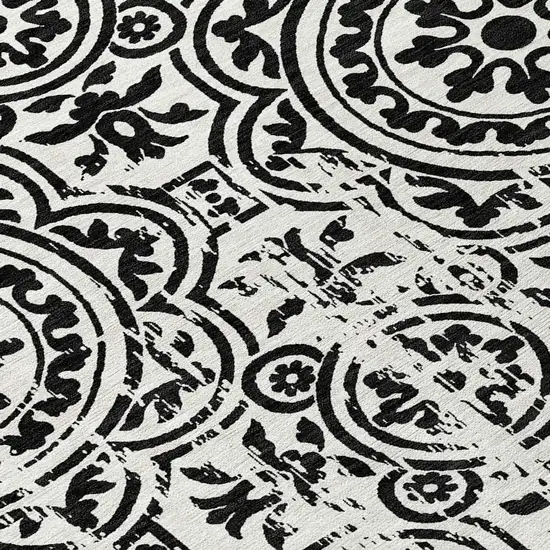 8' Black And Ivory Round Medallion Washable Indoor Outdoor Area Rug Photo 9