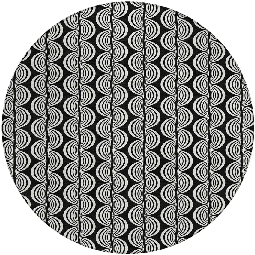 8' Black And Ivory Round Ogee Washable Indoor Outdoor Area Rug Photo 1
