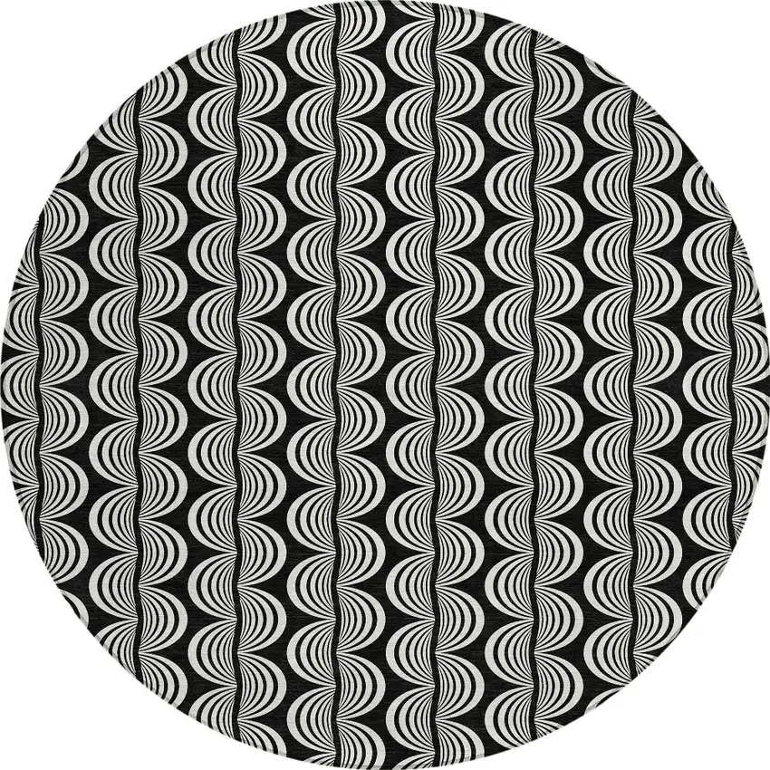 8' Black And Ivory Round Ogee Washable Indoor Outdoor Area Rug Photo 5