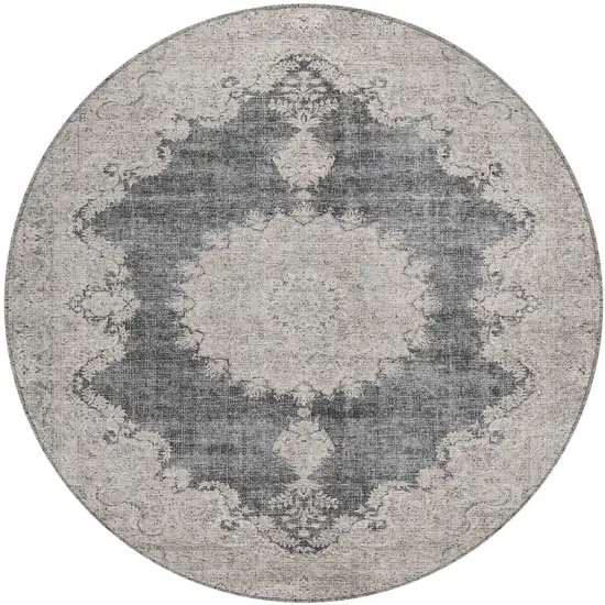 8' Black And Ivory Round Oriental Washable Indoor Outdoor Area Rug Photo 2