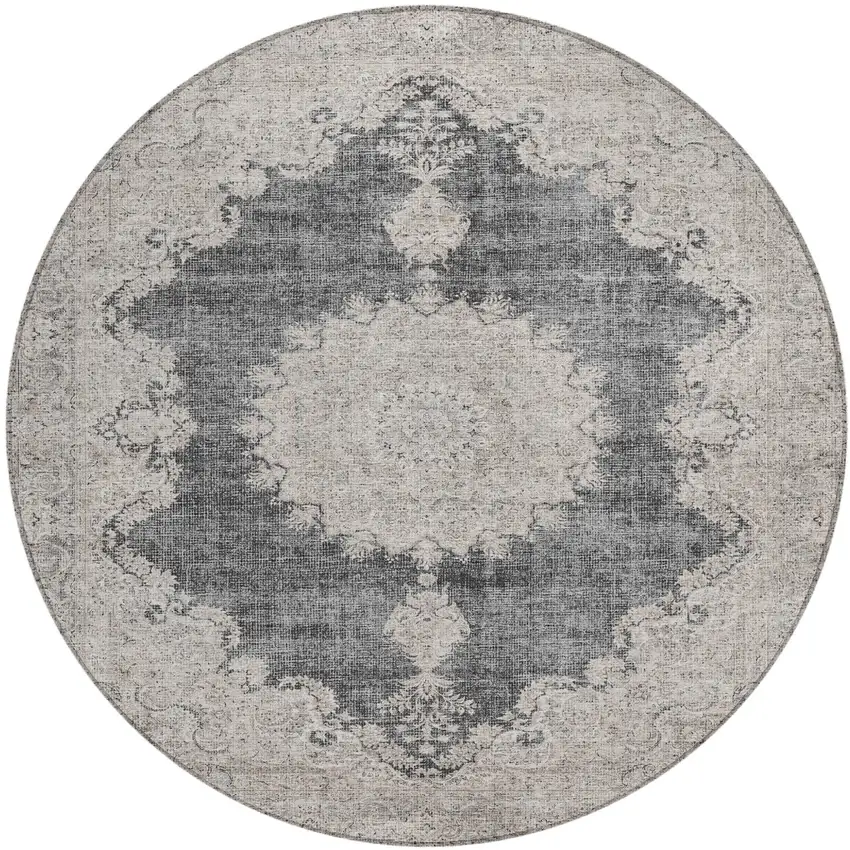 8' Black And Ivory Round Oriental Washable Indoor Outdoor Area Rug Photo 2