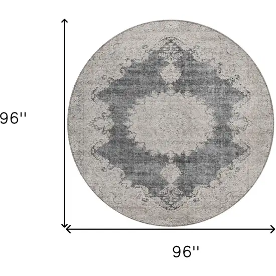8' Black And Ivory Round Oriental Washable Indoor Outdoor Area Rug Photo 3