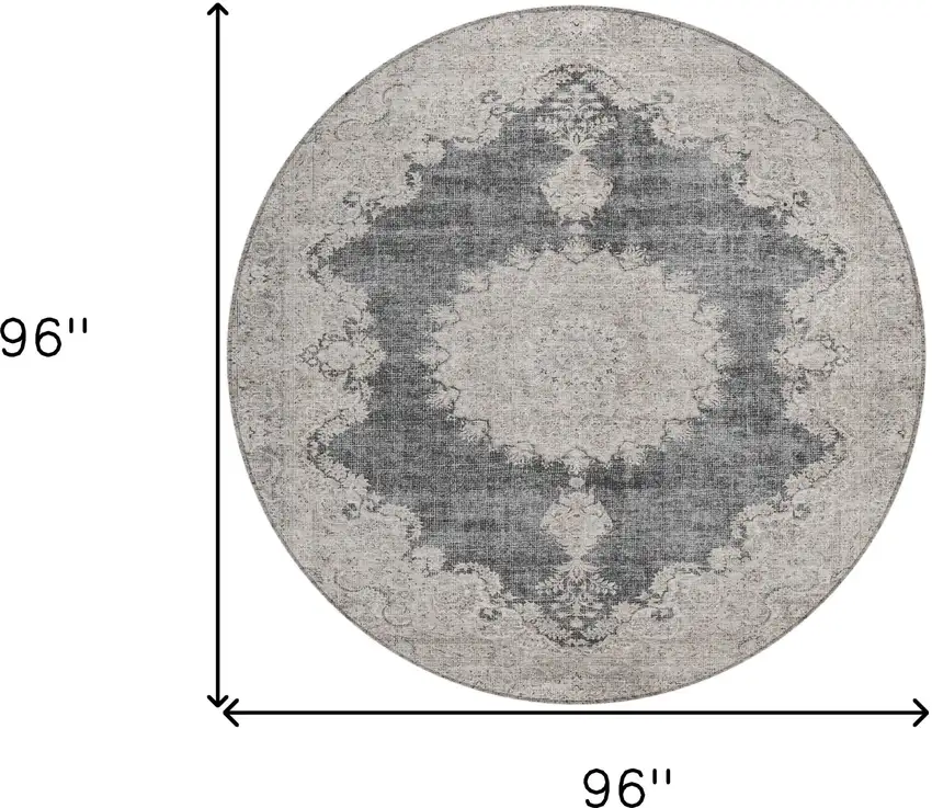8' Black And Ivory Round Oriental Washable Indoor Outdoor Area Rug Photo 3