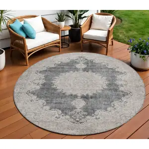 Photo of 8' Black And Ivory Round Oriental Washable Indoor Outdoor Area Rug