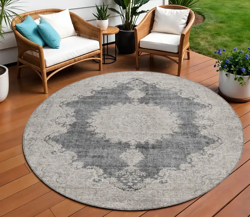8' Black And Ivory Round Oriental Washable Indoor Outdoor Area Rug Photo 1