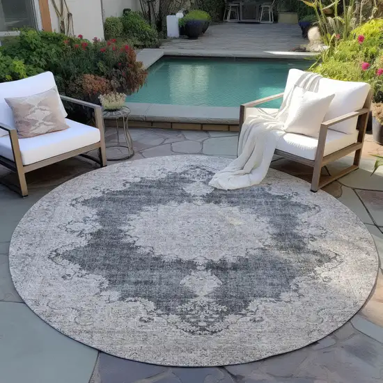 8' Black And Ivory Round Oriental Washable Indoor Outdoor Area Rug Photo 6