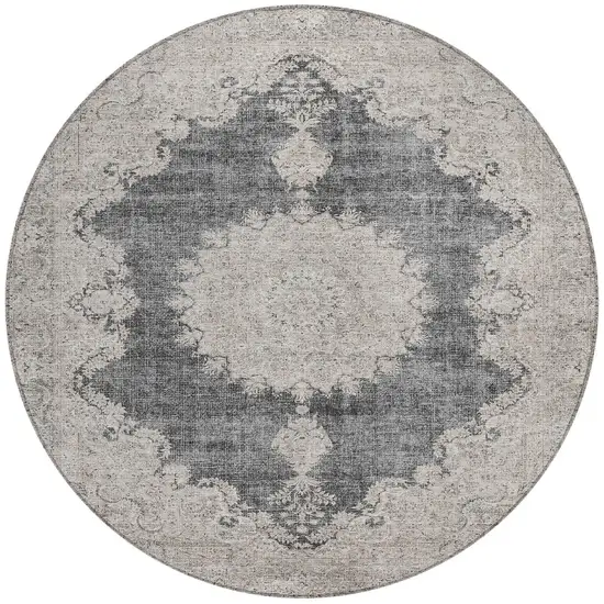 8' Black And Ivory Round Oriental Washable Indoor Outdoor Area Rug Photo 5