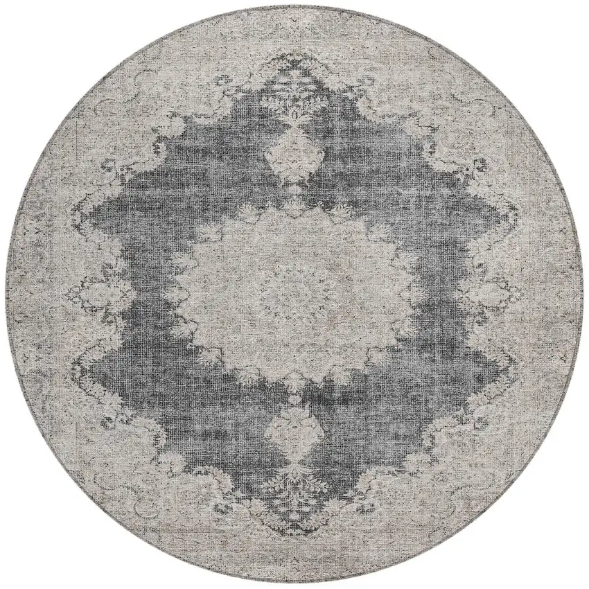 8' Black And Ivory Round Oriental Washable Indoor Outdoor Area Rug Photo 5