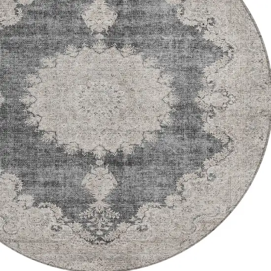 8' Black And Ivory Round Oriental Washable Indoor Outdoor Area Rug Photo 4