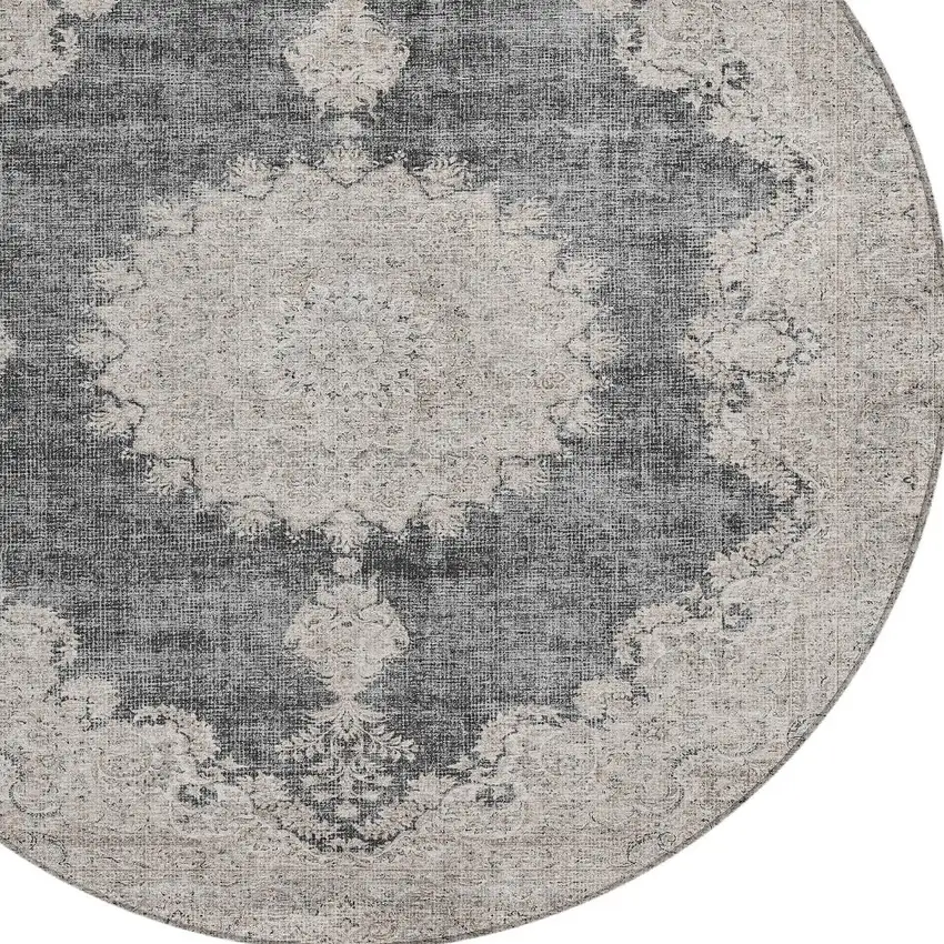 8' Black And Ivory Round Oriental Washable Indoor Outdoor Area Rug Photo 4