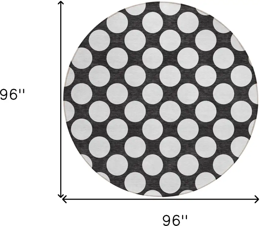 8' Black And Ivory Round Polka Dot Washable Indoor Outdoor Area Rug Photo 3