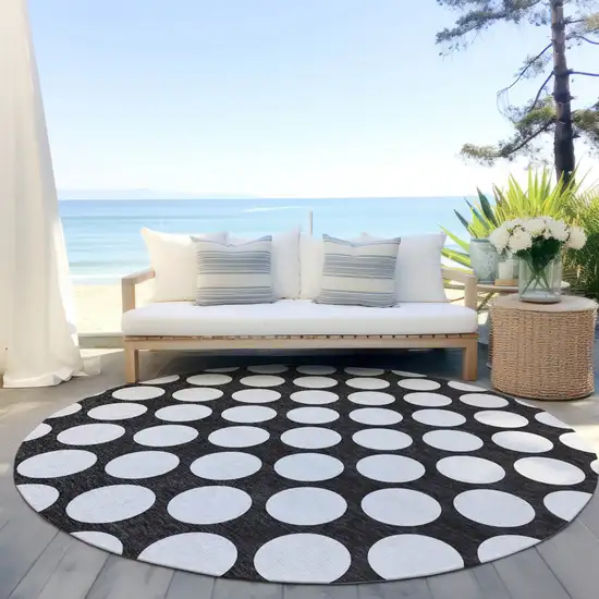 8' Black And Ivory Round Polka Dot Washable Indoor Outdoor Area Rug Photo 7