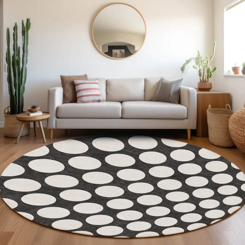 8' Black And Ivory Round Polka Dot Washable Indoor Outdoor Area Rug Photo 8
