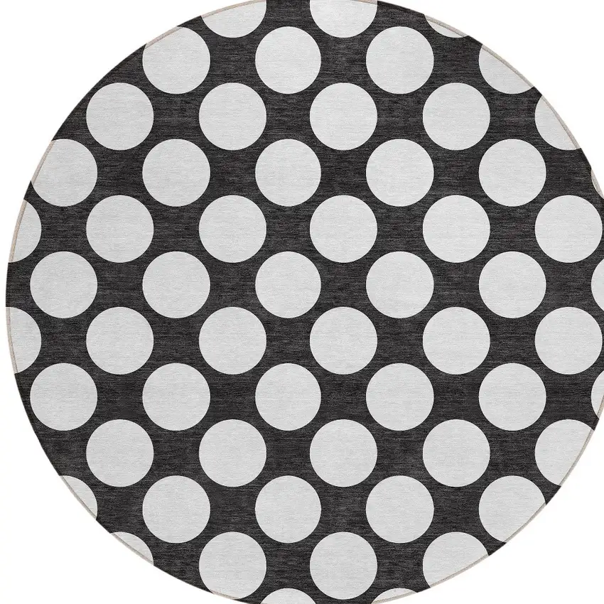 8' Black And Ivory Round Polka Dot Washable Indoor Outdoor Area Rug Photo 6