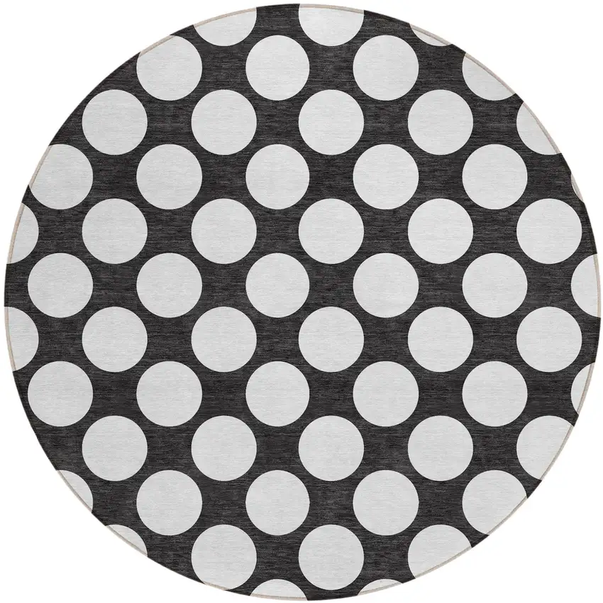 8' Black And Ivory Round Polka Dot Washable Indoor Outdoor Area Rug Photo 2
