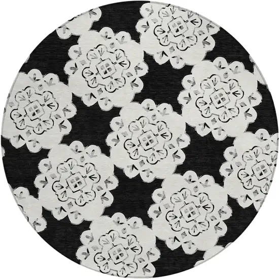 8' Black And Ivory Round Quatrefoil Washable Indoor Outdoor Area Rug Photo 2