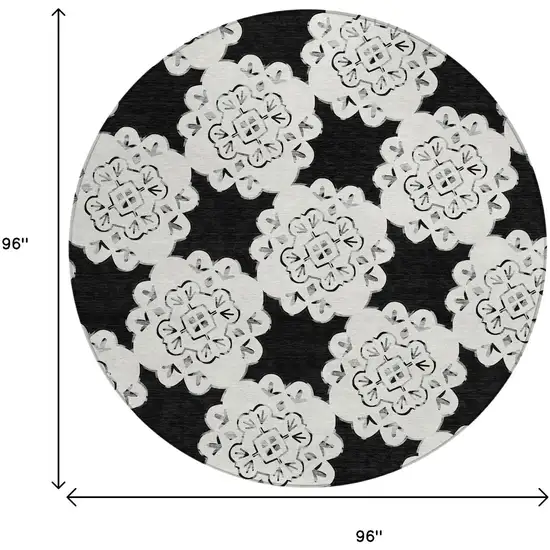 8' Black And Ivory Round Quatrefoil Washable Indoor Outdoor Area Rug Photo 3