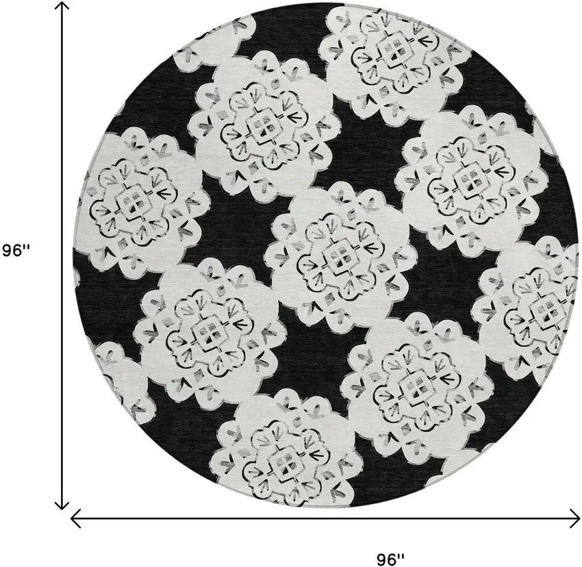 8' Black And Ivory Round Quatrefoil Washable Indoor Outdoor Area Rug Photo 3