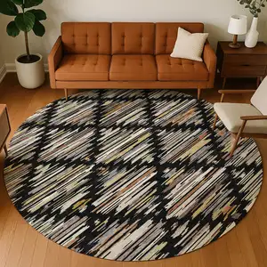 Photo of 8' Black And Ivory Round Southwestern Washable Indoor Outdoor Area Rug