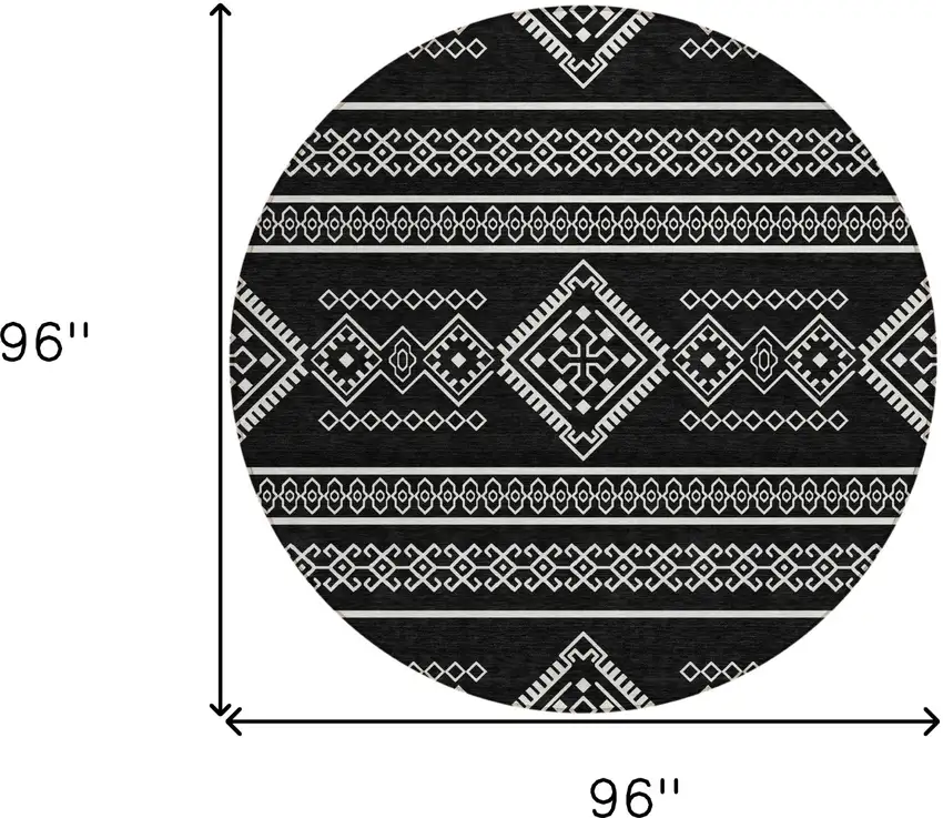 8' Black And Ivory Round Southwestern Washable Indoor Outdoor Area Rug Photo 3