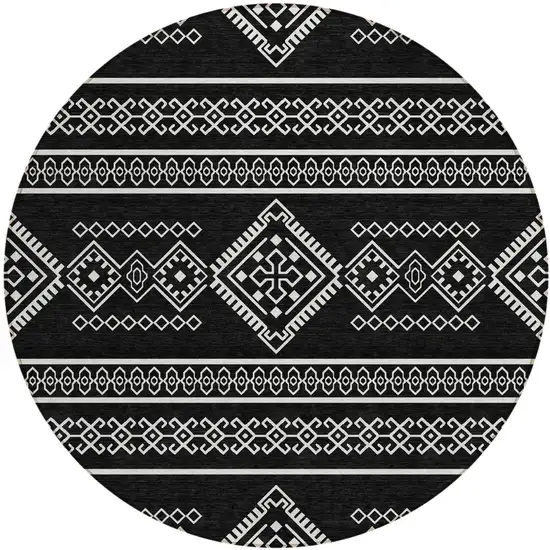 8' Black And Ivory Round Southwestern Washable Indoor Outdoor Area Rug Photo 2